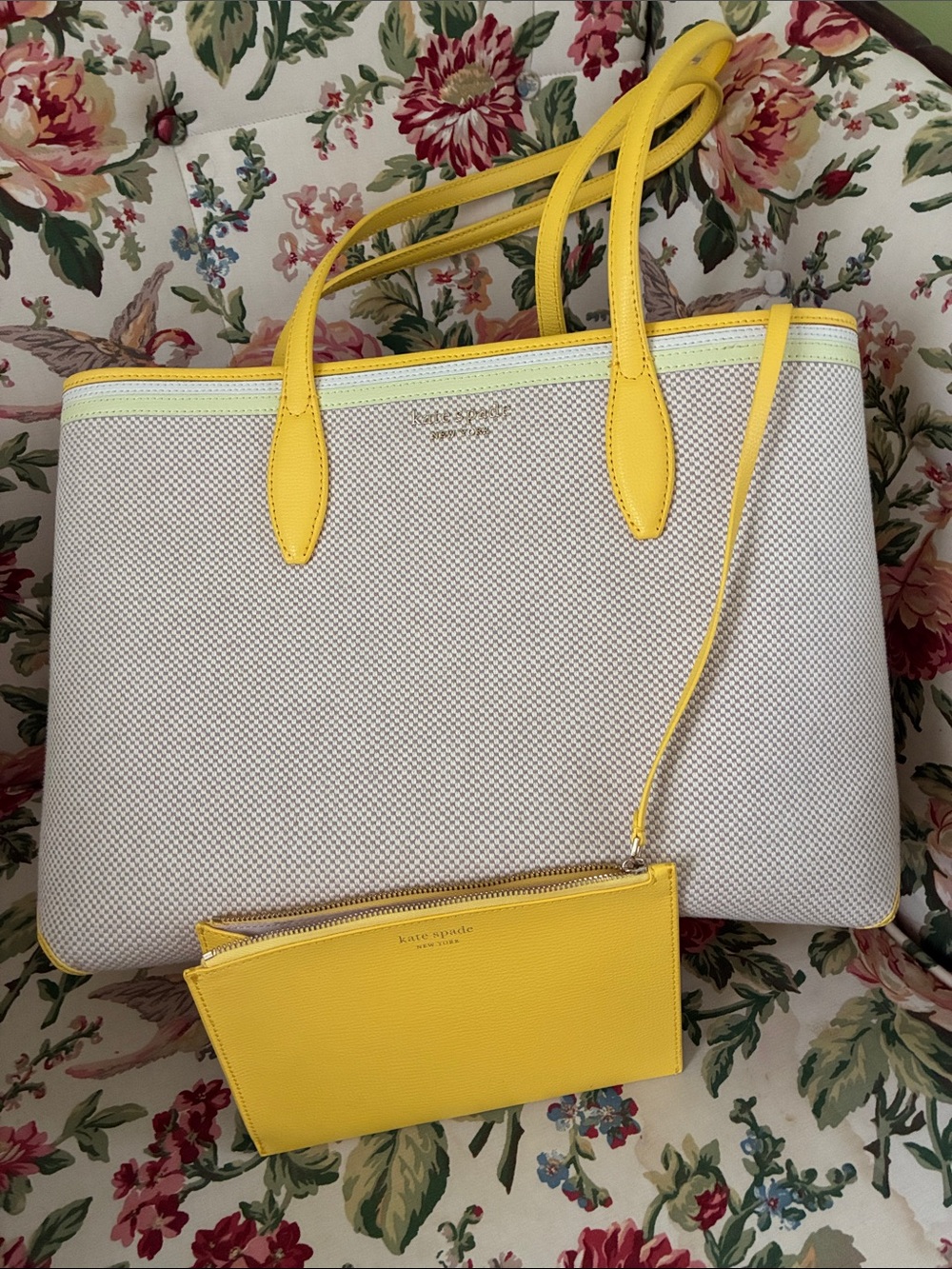 kate spade Cream Canvas Tote with Yellow Trim and Wristlet - Picture 11 of 11